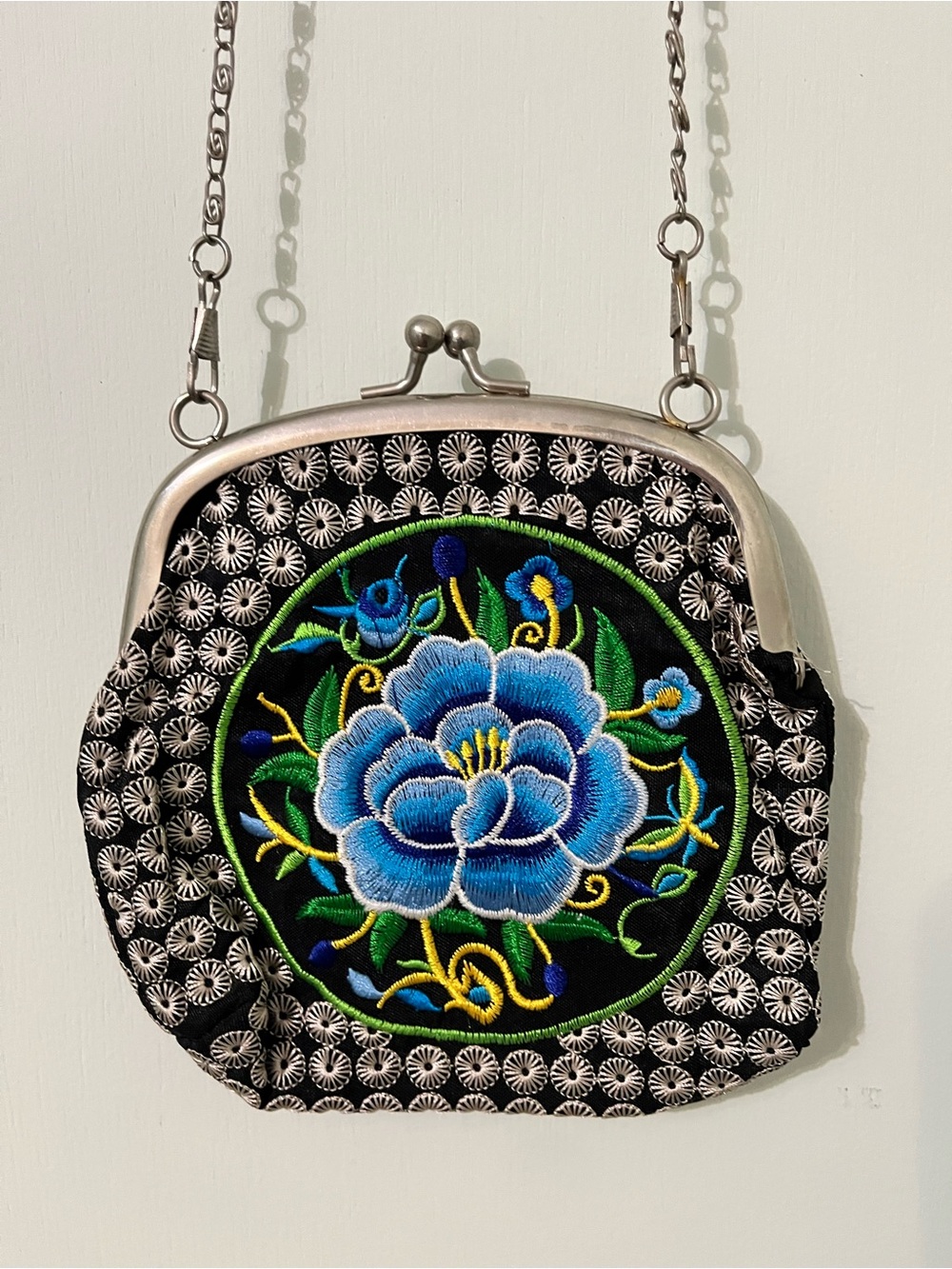 Embroidered Blue Floral Frame-Top Crossbody Bag